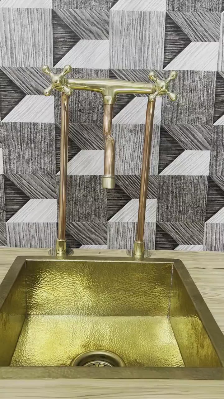 Unlacquered Brass & Solid Copper Antique Kitchen Faucet – Bridge Faucet with Long Legs & Cross Handles