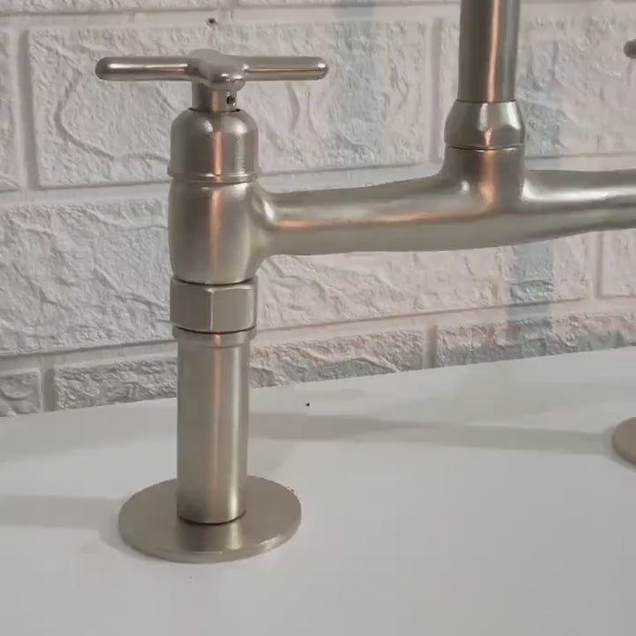 Matte Nickel Kitchen Faucet – Solid Brass Bridge Design, 2-Hole, 18" Tall