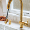 Unlacquered Brass Pull-Down Kitchen Faucet – Mixer Handle, Flexible Sprayer, 17" Height