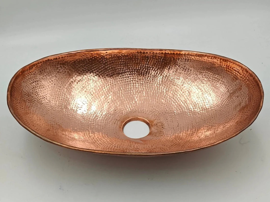 Solid Copper Hammered Vessel Sink – 18x11x4", Unlacquered, Natural Patina - The House Of Brass