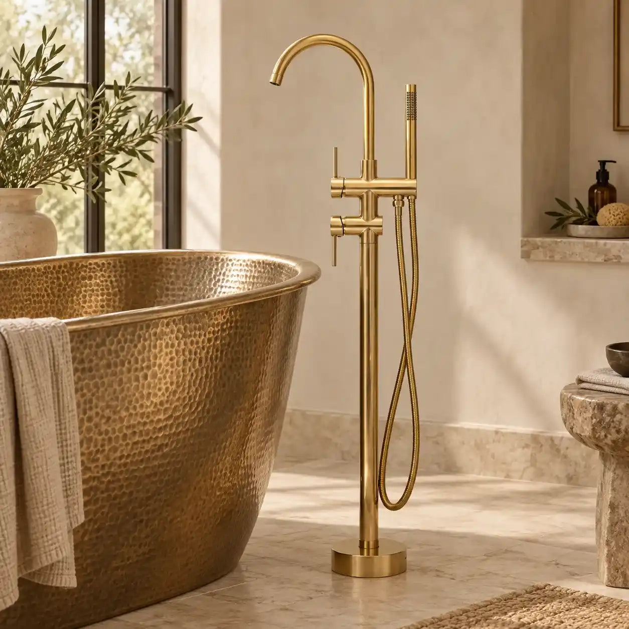 Unlacquered brass freestanding tub filler with hand shower