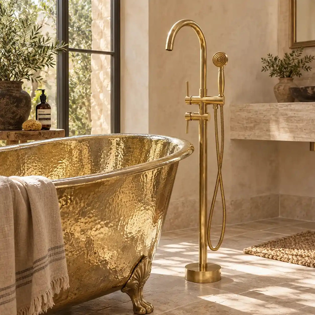 Unlacquered brass freestanding tub filler with vintage hand shower