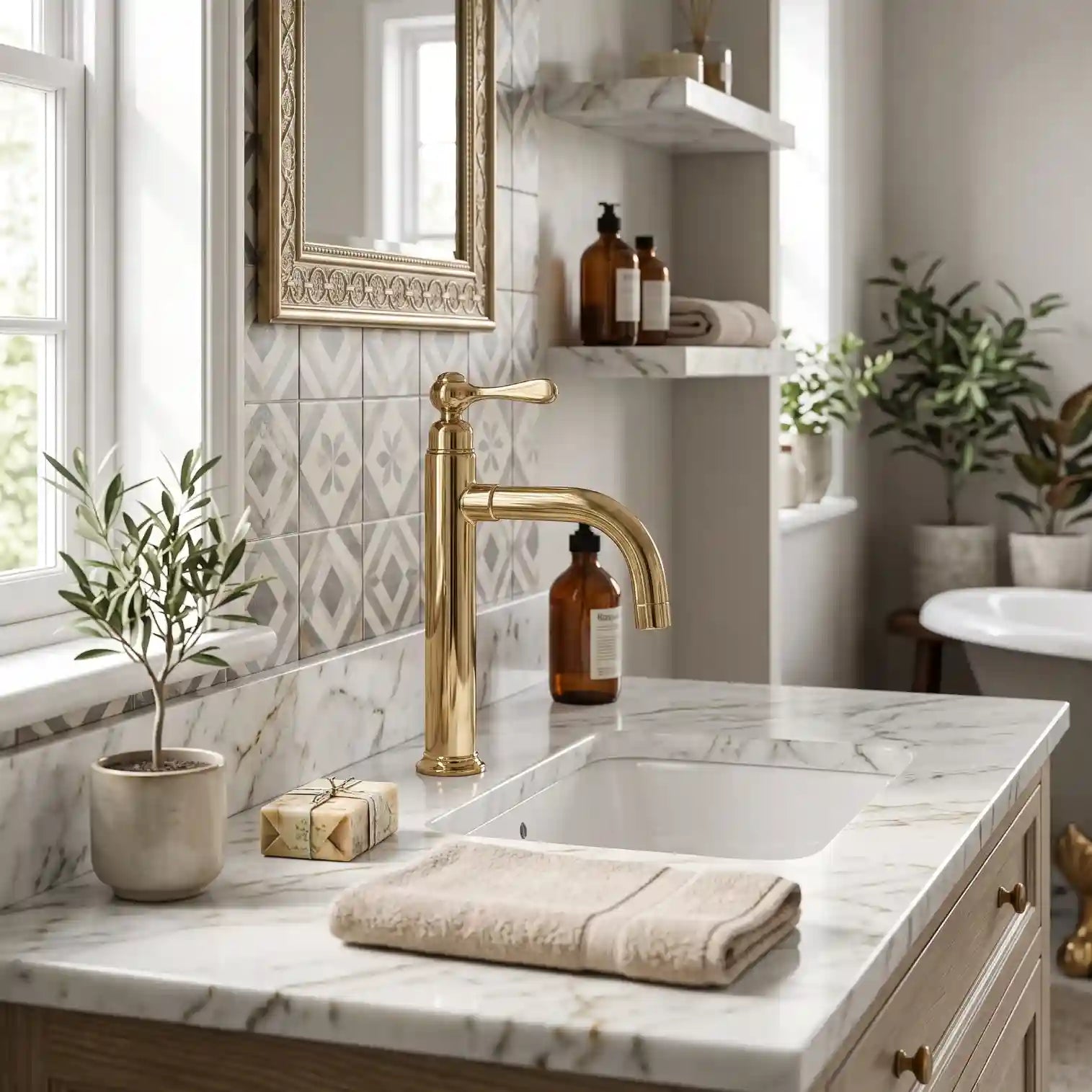 Unlacquered Brass Vessel Sink Faucet – Tall Single Hole, Cross or Lever Handle
