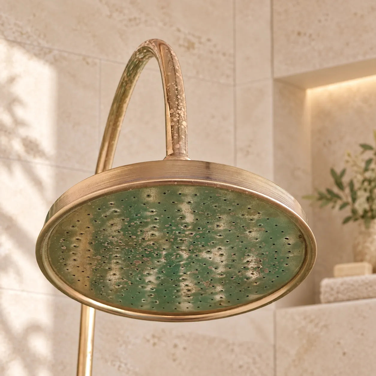 Unlacquered brass thermostatic rain shower system collage showing full shower set, shower head, valve controls, and side detail