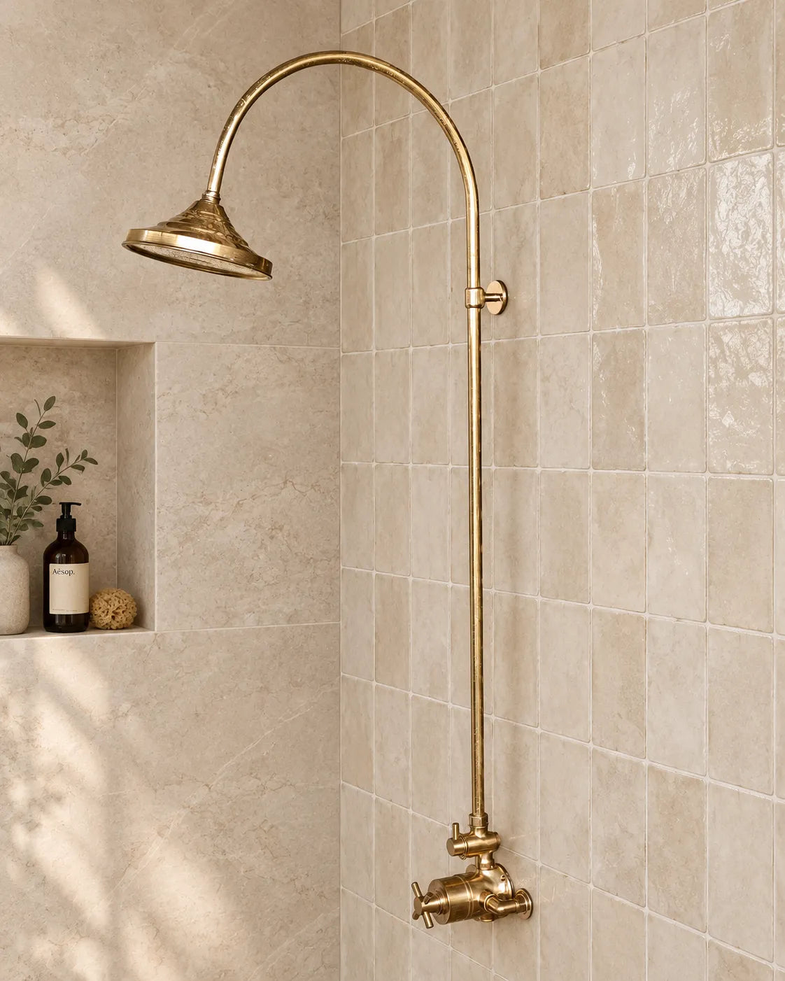 Unlacquered brass thermostatic rain shower system collage showing full shower set, shower head, valve controls, and side detail