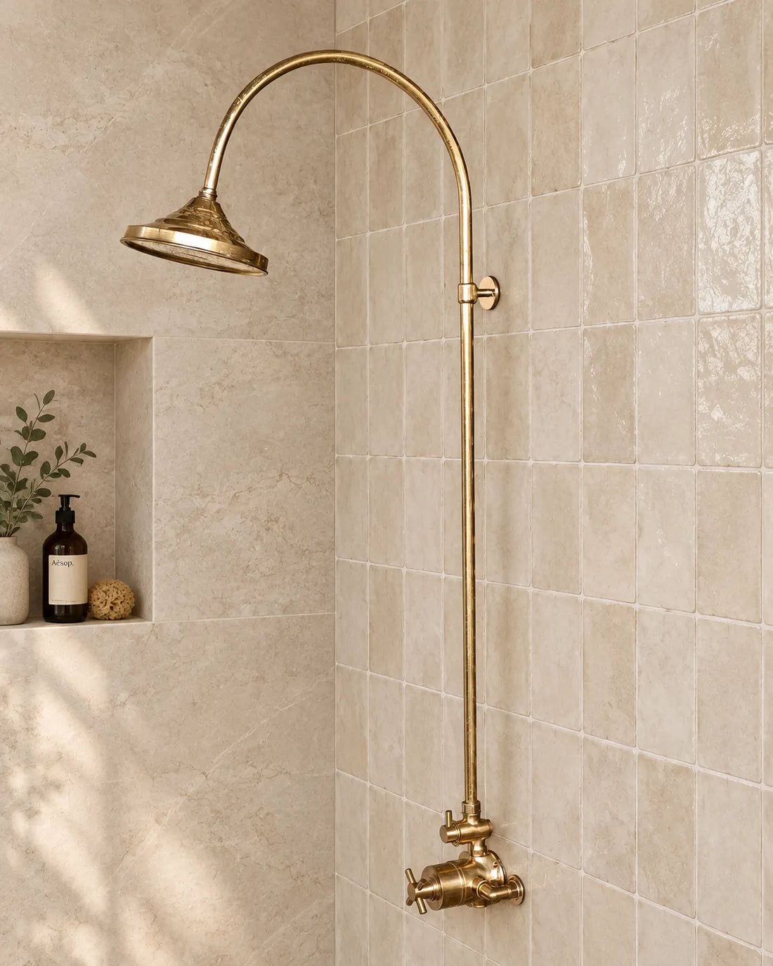 Unlacquered brass thermostatic rain shower system collage showing full shower set, shower head, valve controls, and side detail