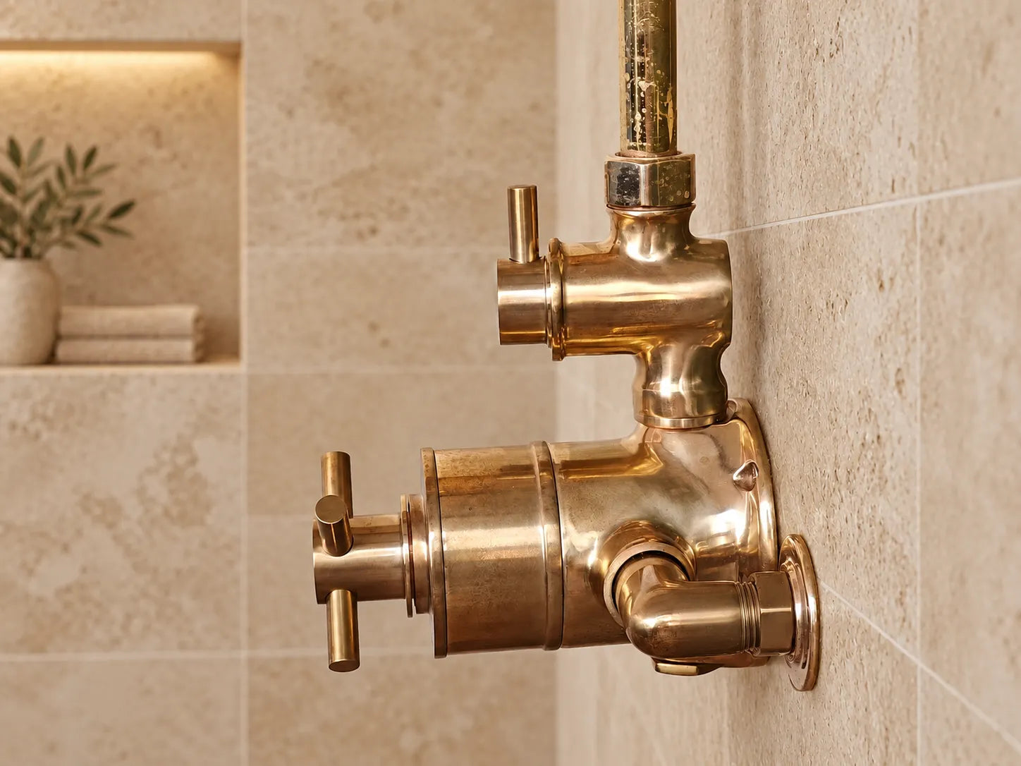 Unlacquered brass thermostatic rain shower system collage showing full shower set, shower head, valve controls, and side detail