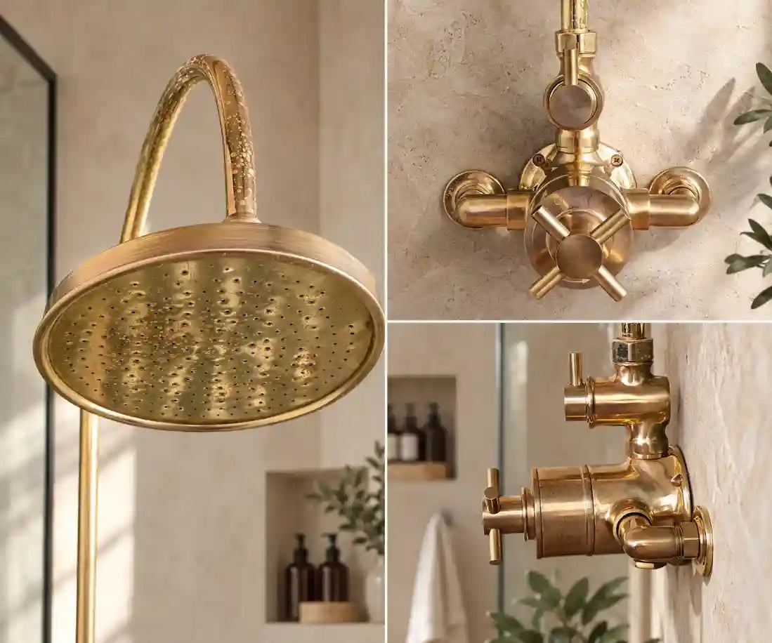 Unlacquered brass thermostatic rain shower system collage showing full shower set, shower head, valve controls, and side detail
