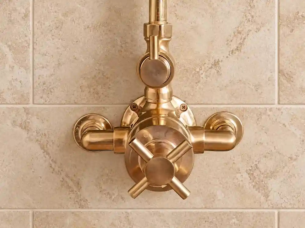Unlacquered brass thermostatic rain shower system collage showing full shower set, shower head, valve controls, and side detail