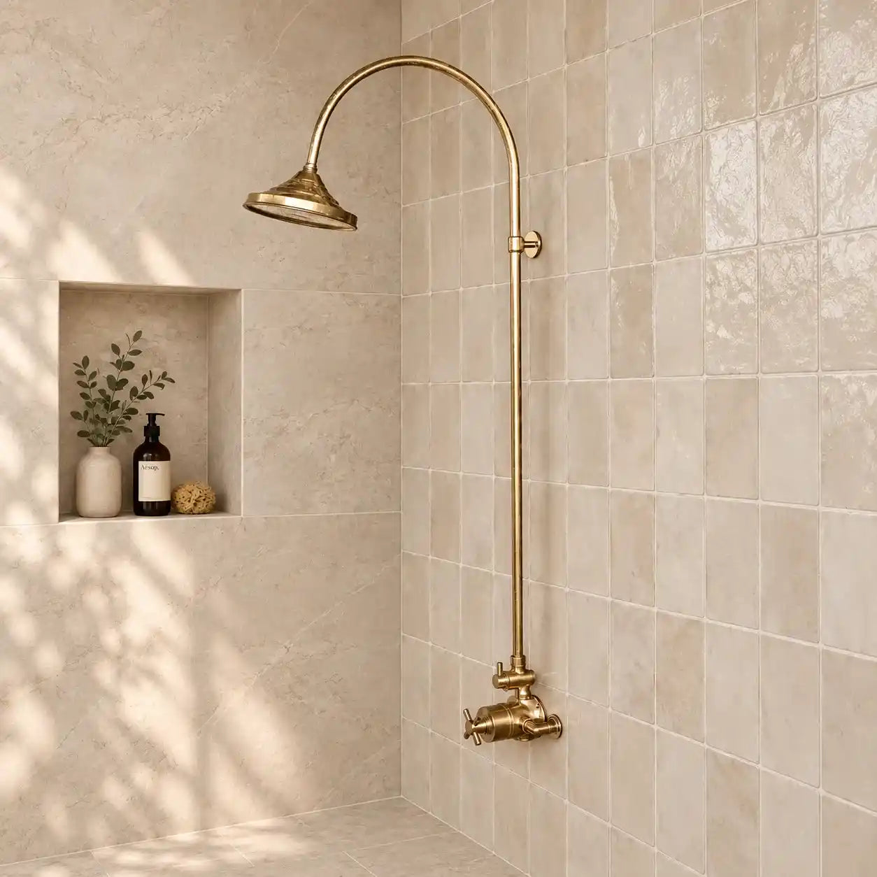 Unlacquered brass thermostatic rain shower system collage showing full shower set, shower head, valve controls, and side detail