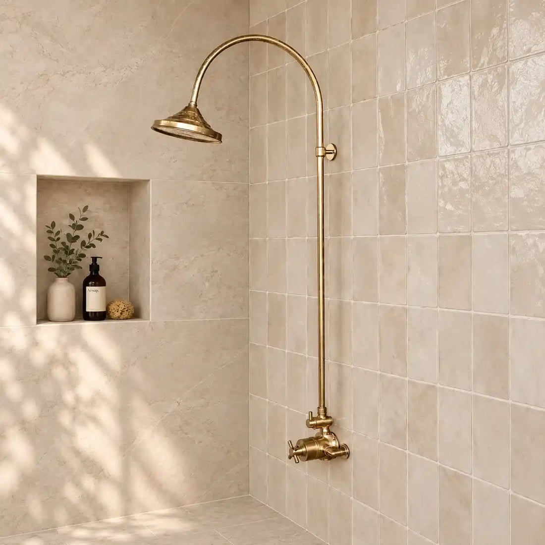 Unlacquered brass thermostatic rain shower system collage showing full shower set, shower head, valve controls, and side detail