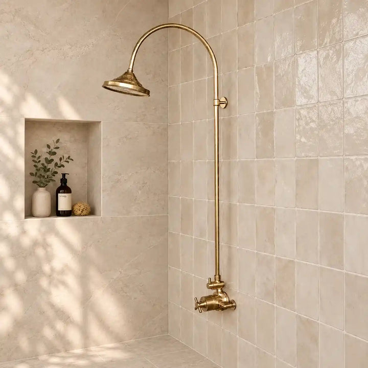 Unlacquered brass thermostatic rain shower system collage showing full shower set, shower head, valve controls, and side detail