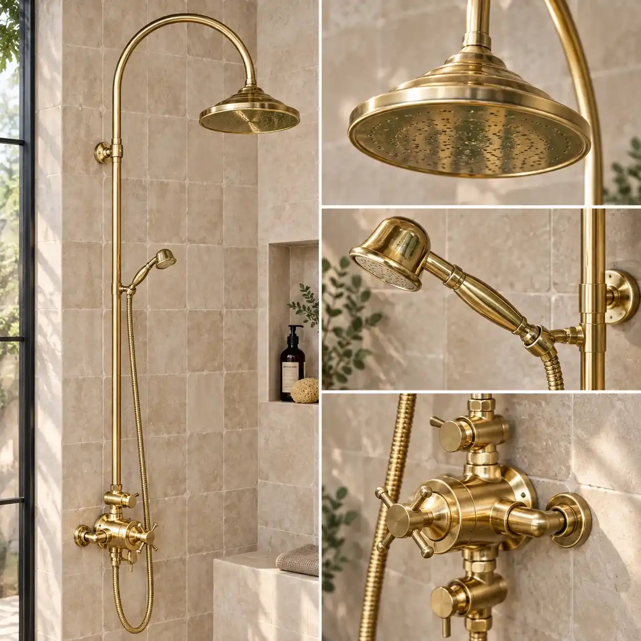 Unlacquered brass exposed thermostatic shower system with handheld shower installed on green and beige tiled bathroom wall