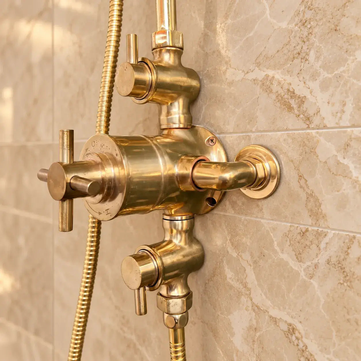 Unlacquered brass exposed thermostatic shower system with handheld shower installed on green and beige tiled bathroom wall