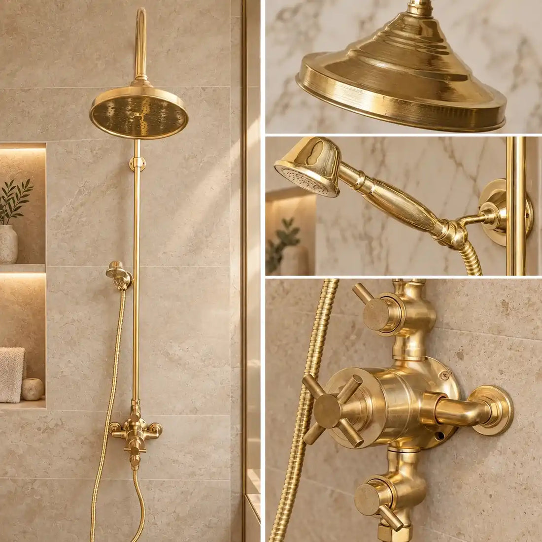 Unlacquered brass exposed thermostatic shower system with handheld shower installed on green and beige tiled bathroom wall