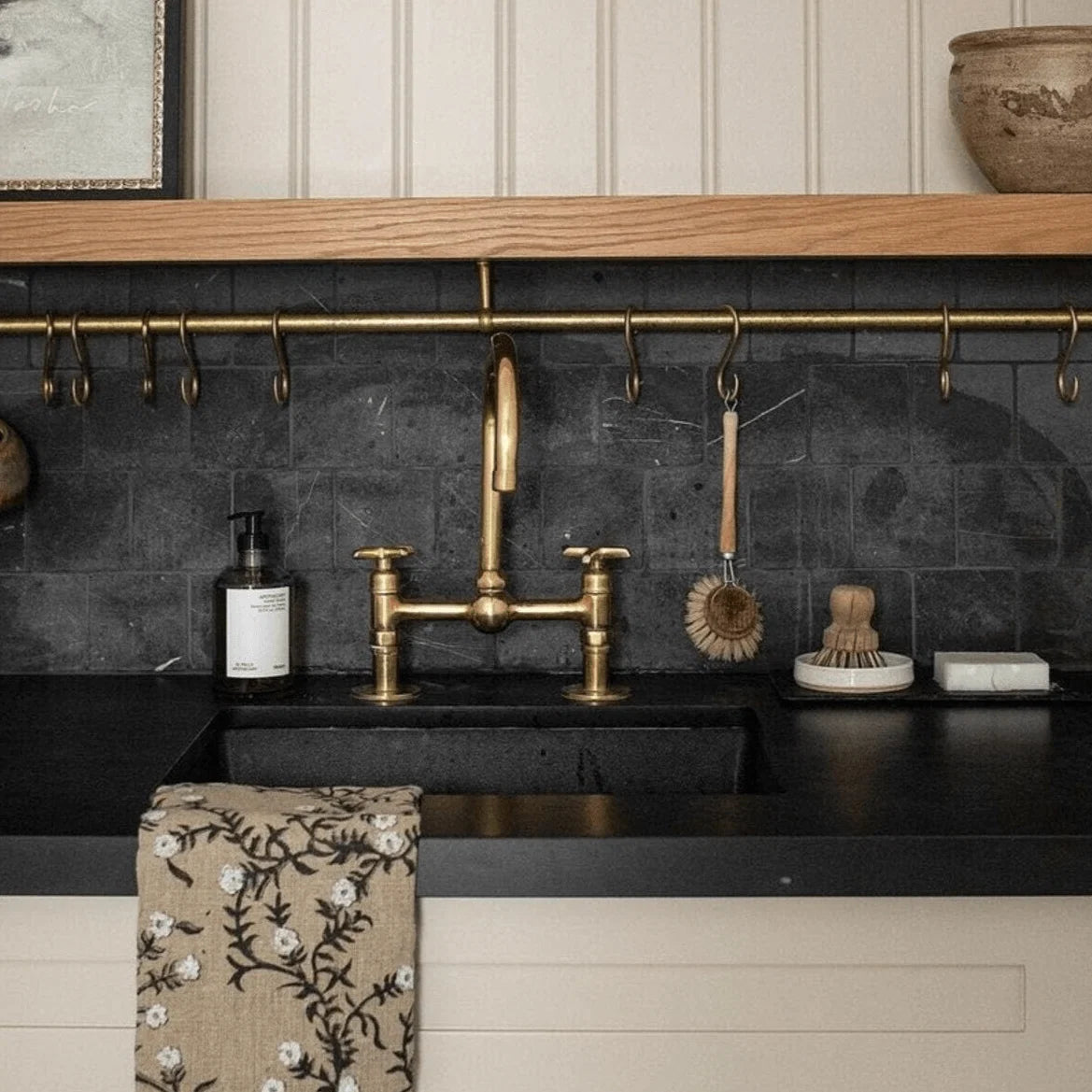 Unlacquered Brass Bridge Kitchen Faucet – Ball Center, 18" Tall, 8" Spread
