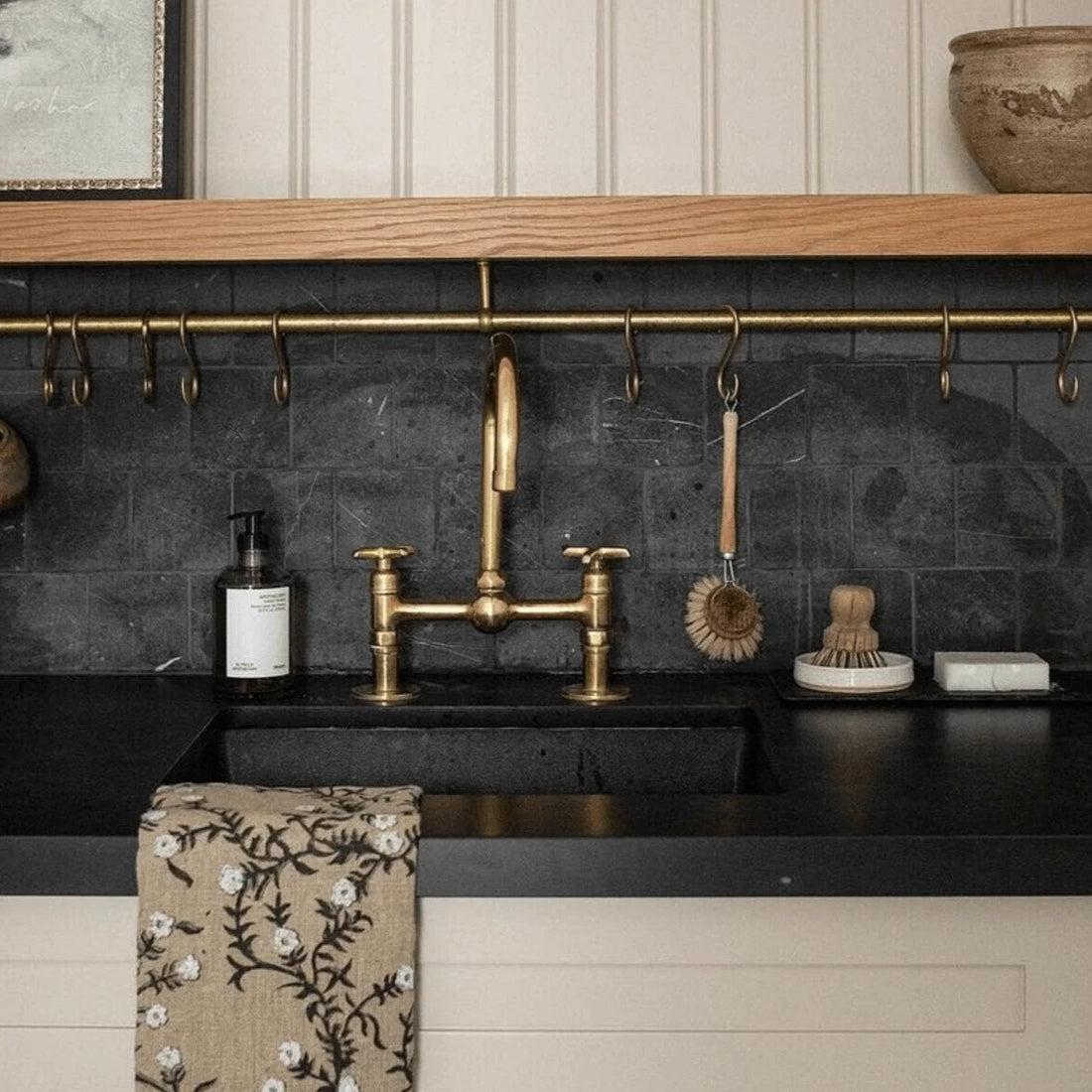 Unlacquered Brass Bridge Kitchen Faucet – Ball Center, 18" Tall, 8" Spread