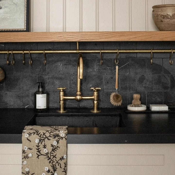 Unlacquered Brass Bridge Kitchen Faucet – Ball Center, 18" Tall, 8" Spread