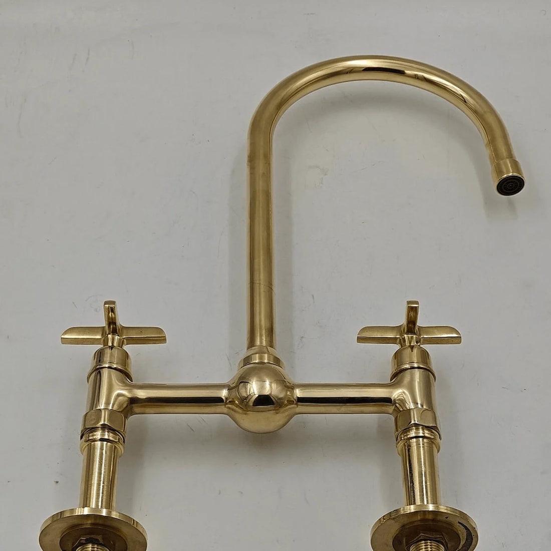 Unlacquered Brass Bridge Kitchen Faucet – Ball Center, 18" Tall, 8" Spread