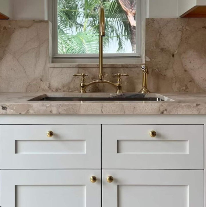 Unlacquered Brass Bridge Kitchen Faucet – Cross or Lever Handles, 8" Spread | Solid Brass - The House Of Brass