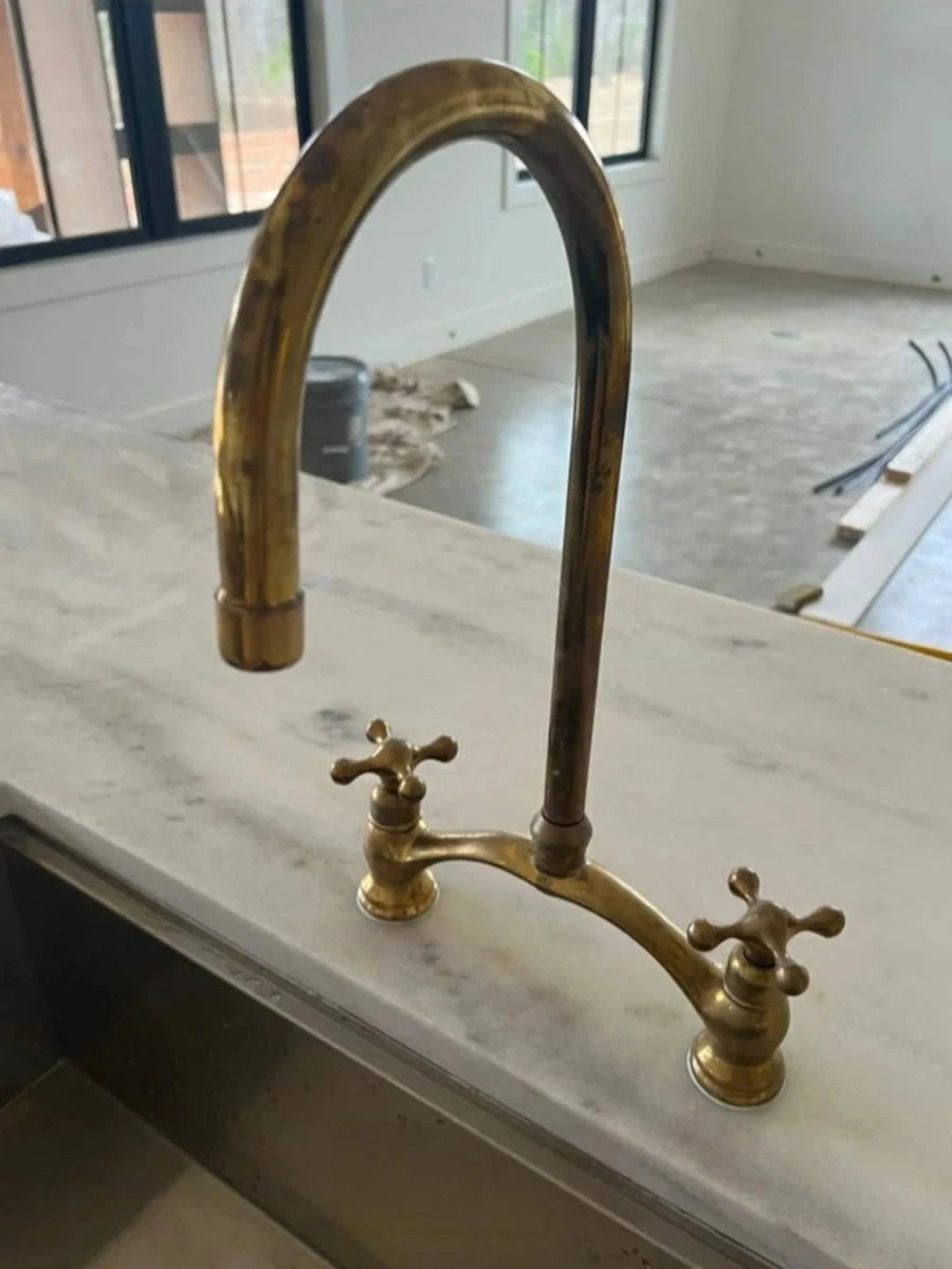 Unlacquered Brass Bridge Kitchen Faucet – Cross or Lever Handles, 8" Spread | Solid Brass - The House Of Brass