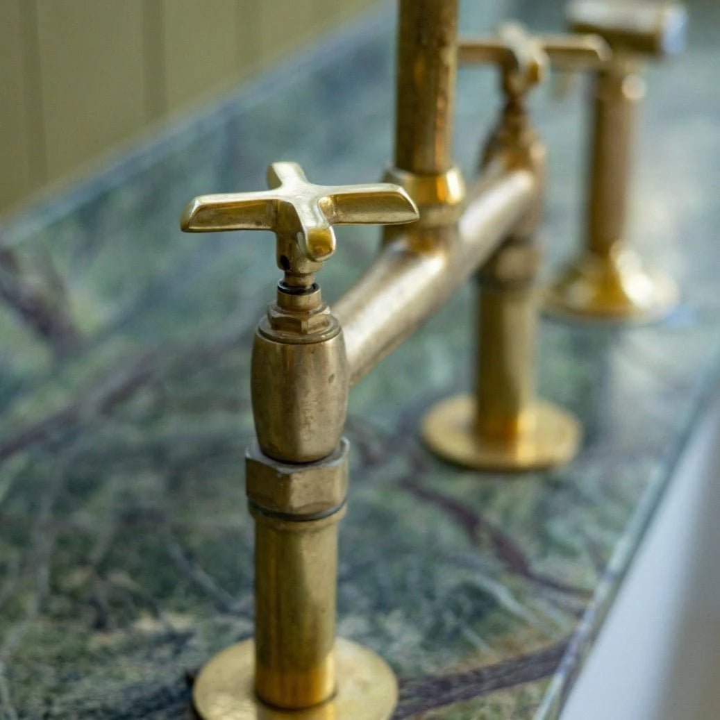 Unlacquered Brass Bridge Kitchen Faucet – Linear Legs, 2-Hole, 18" Height | 100% Solid Brass - The House Of Brass