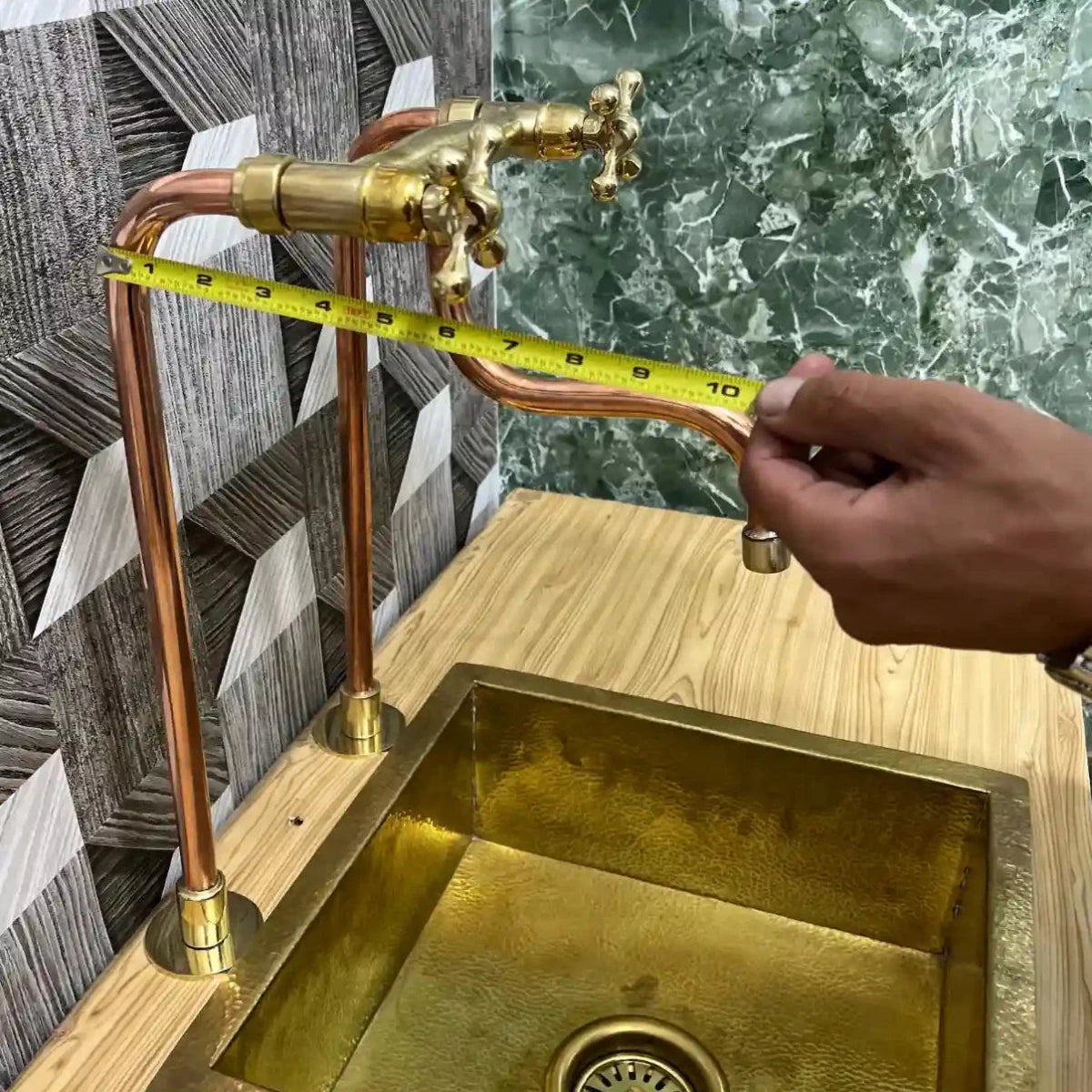 Unlacquered Brass & Copper Bridge Kitchen Faucet – Long Legs, Cross Handles | Handmade - The House Of Brass
