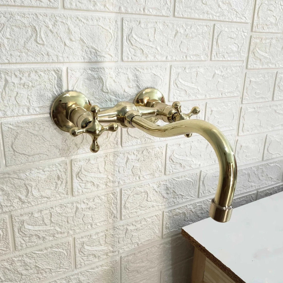 Unlacquered Brass Curved Wall Mounted Faucet – 2-Hole, 8.5" Spout | Solid Brass - The House Of Brass