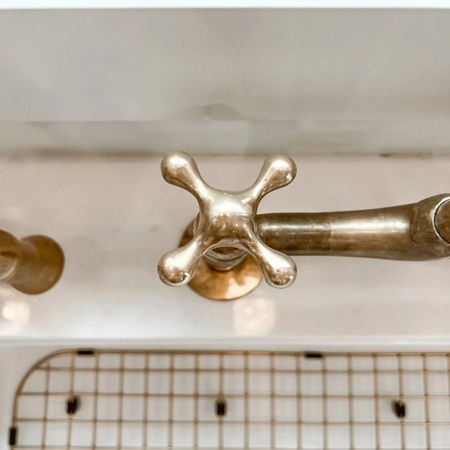 Unlacquered Brass Kitchen Faucet – Handcrafted Bridge Faucet with Cross Handles, 10" Spout | Solid Brass - The House Of Brass