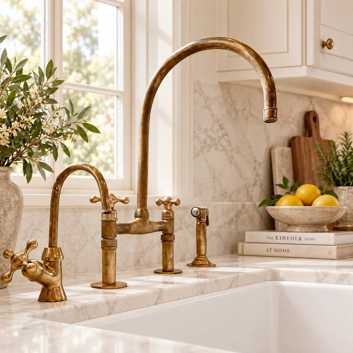 Unlacquered Brass Bridge Kitchen Faucet – Cross Handles, 8" Spread, 10" Spout