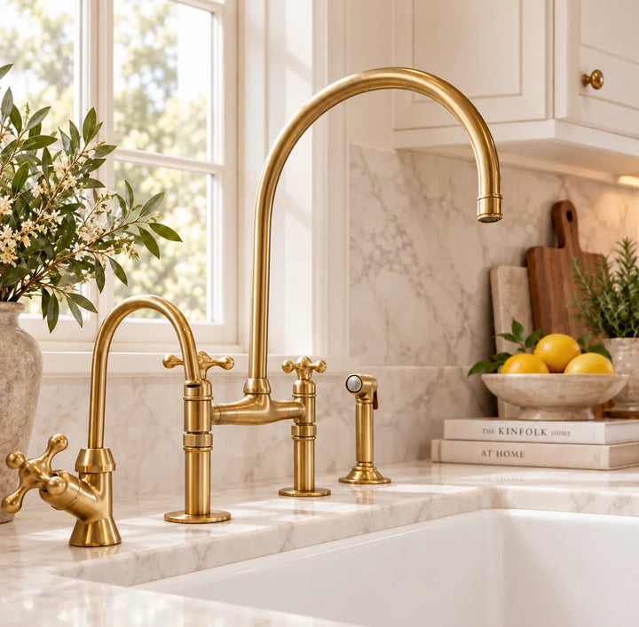 Unlacquered Brass Bridge Kitchen Faucet – Cross Handles, 8" Spread, 10" Spout