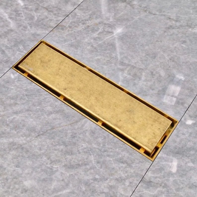 Unlacquered Brass Linear Shower Drain – Tile Insert Bathroom Floor Drain - The House Of Brass