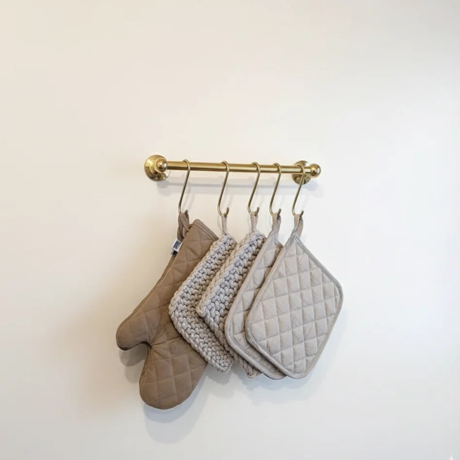 Unlacquered Brass Kitchen Rail – Pot Holder, Oven Mitt & Towel Rack
