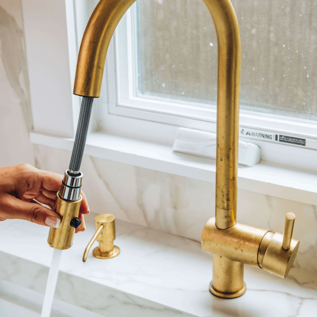Unlacquered Brass Pull-Down Kitchen Faucet – Mixer Handle, Flexible Sprayer, 17" Height - The House Of Brass