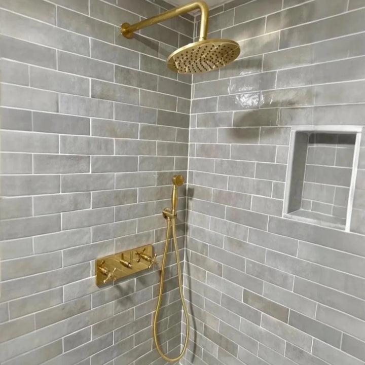Unlacquered Brass Rain Shower System – 8" Head, Cross Handles, Handheld Sprayer | Solid Brass - The House Of Brass