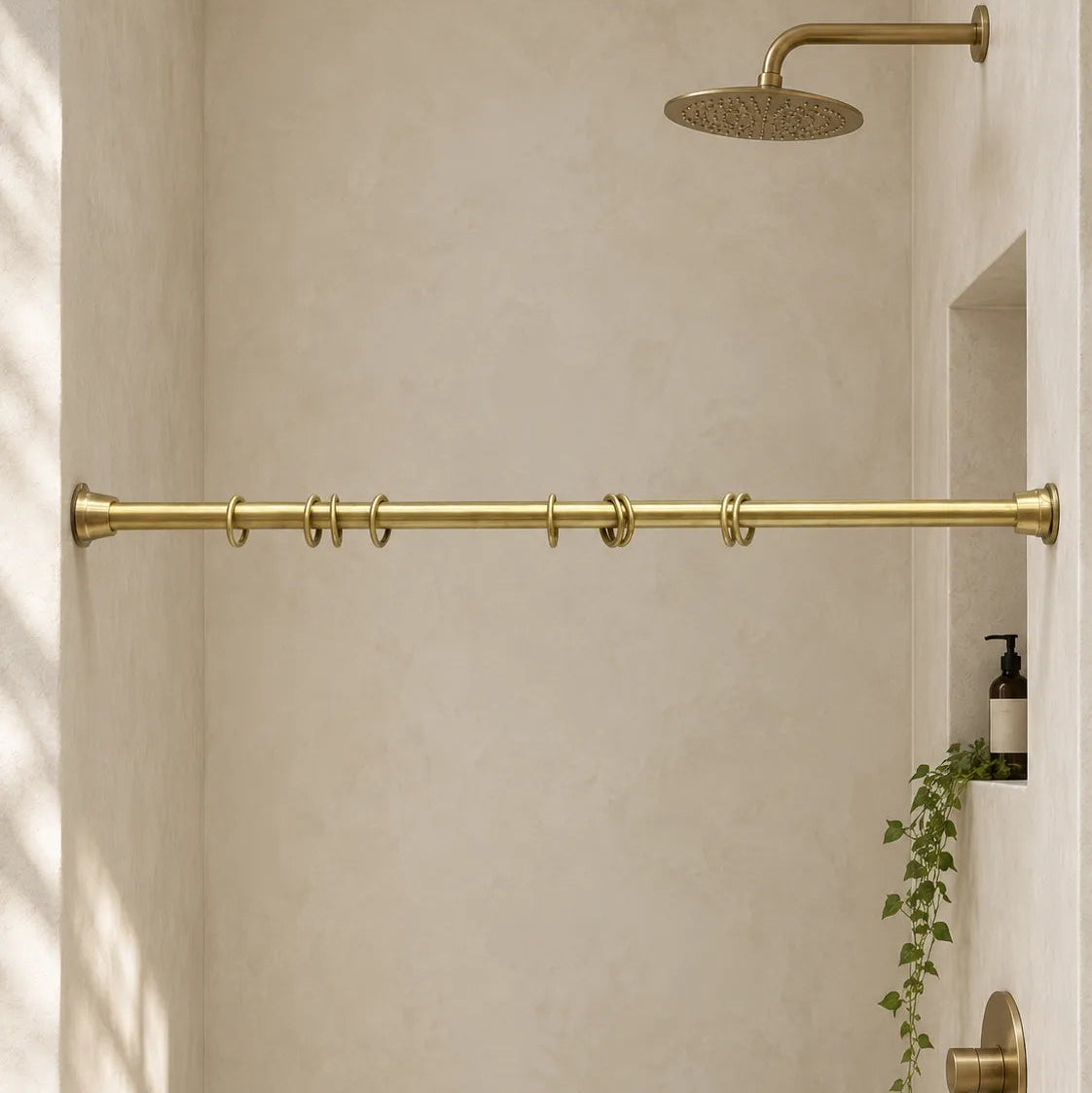 Unlacquered Brass Shower Curtain Rod – Wall-to-Wall with Rings
