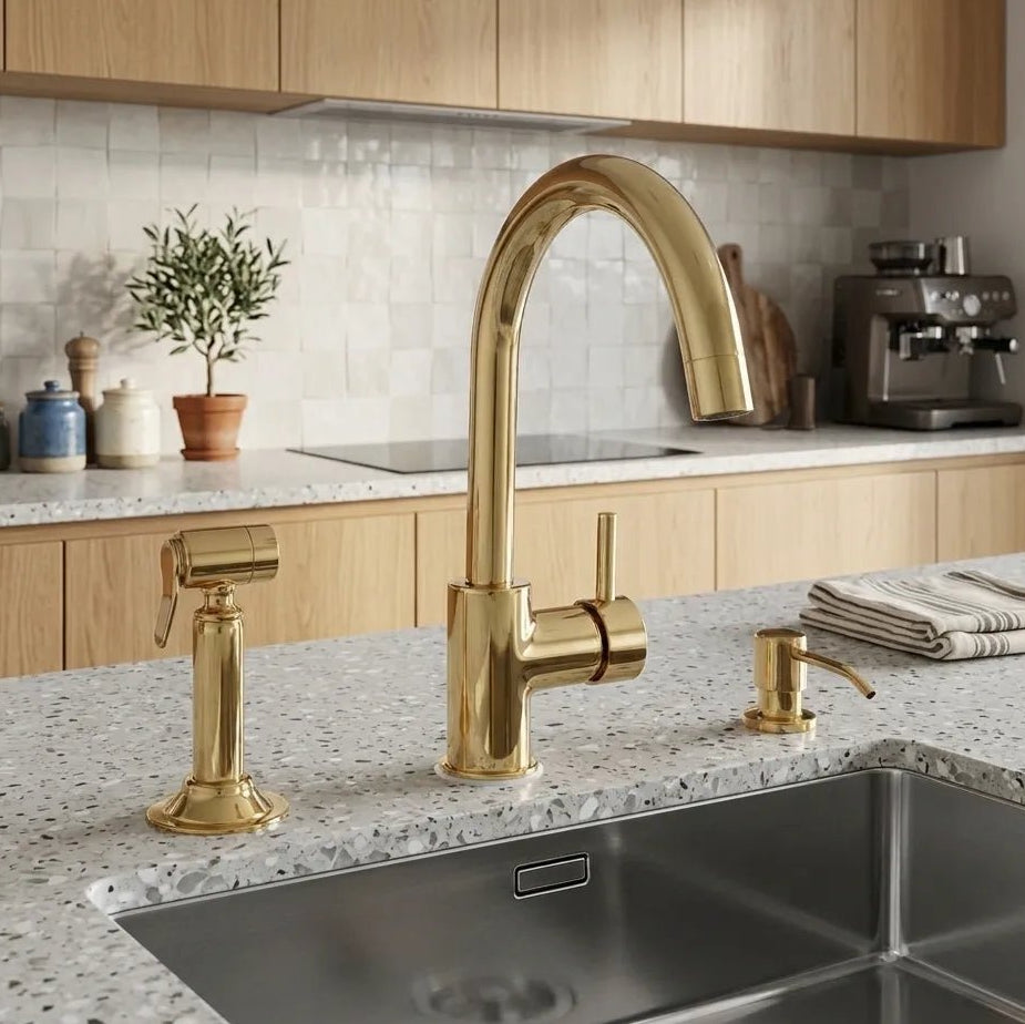 Unlacquered Brass Single Hole Kitchen Faucet – Deck Mounted, Lever Handle, 13" | Solid Brass - The House Of Brass