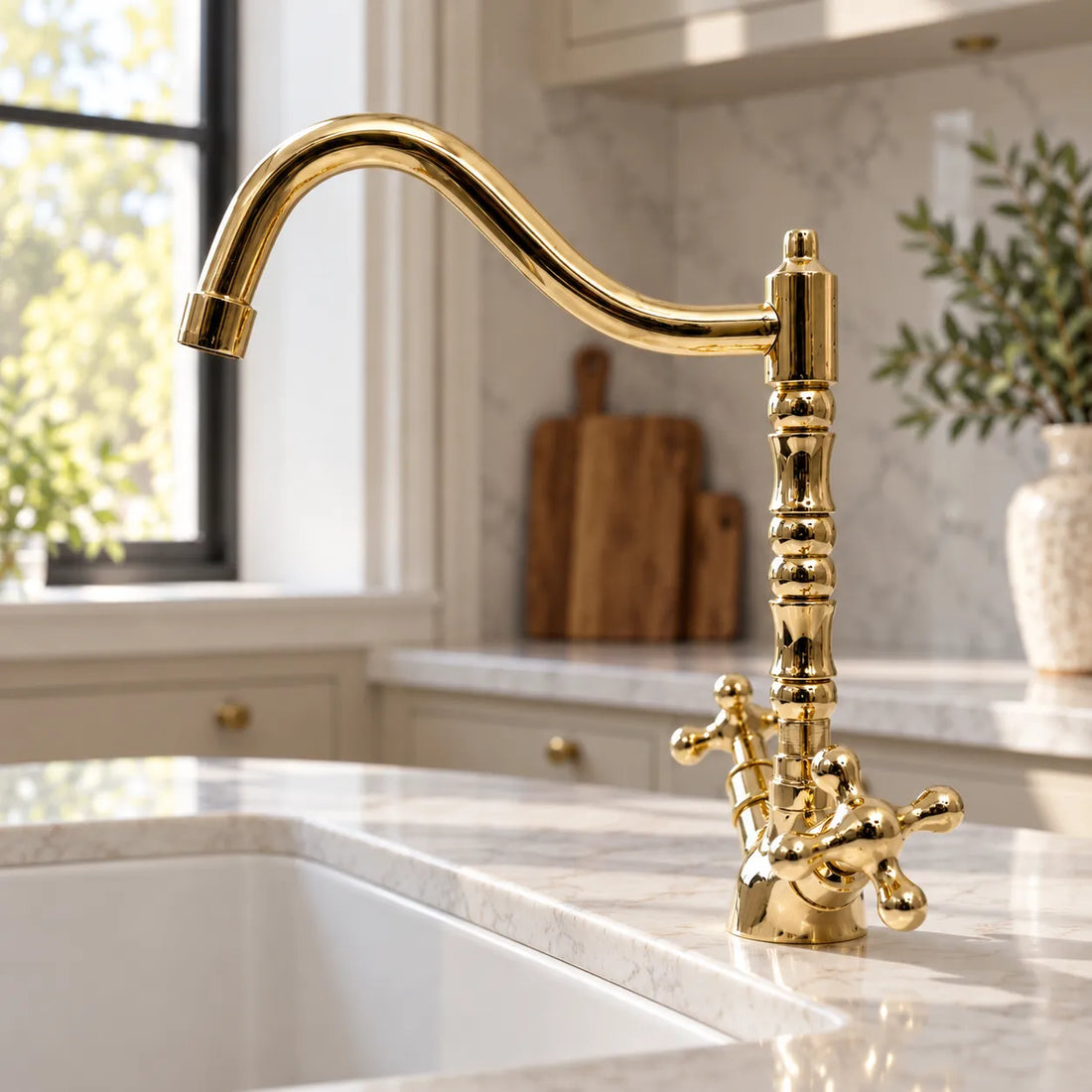 Unlacquered Brass Single Hole Kitchen Faucet – 12" Tall, 9" Reach