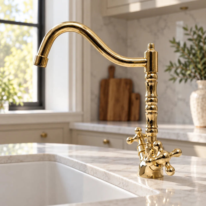 Unlacquered Brass Single Hole Kitchen Faucet – 12" Tall, 9" Reach