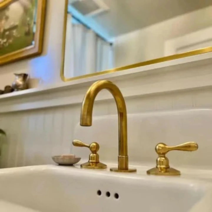 Unlacquered Brass Vanity Bathroom Faucet – 3-Hole Deck Mount, Lever Handles | Solid Brass - The House Of Brass