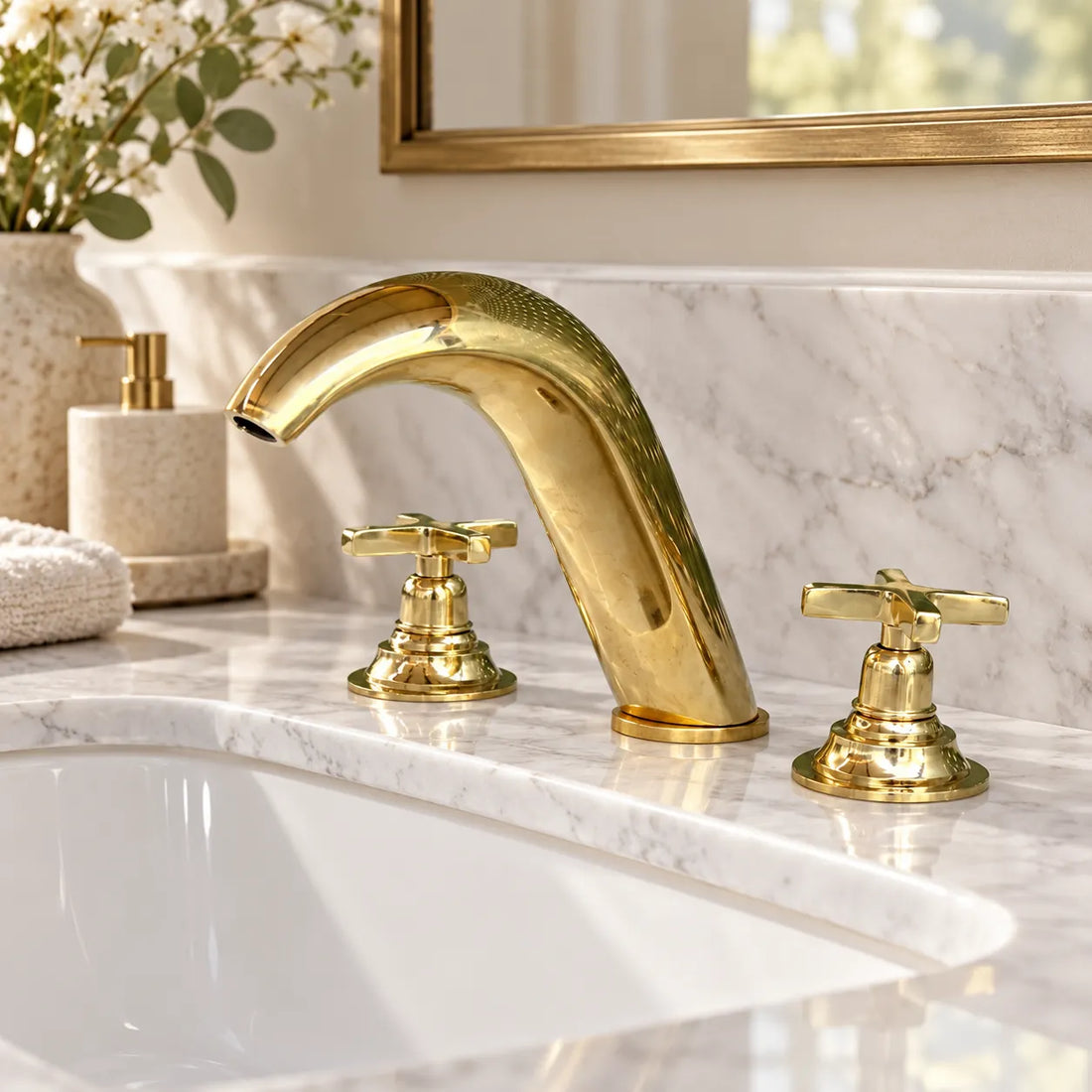 Unlacquered Brass Widespread Bathroom Faucet – 3-Hole Deck Mount
