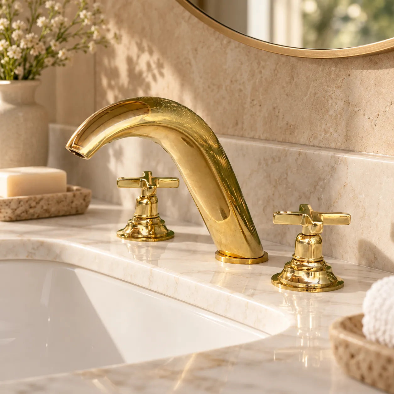 Unlacquered Brass Widespread Bathroom Faucet – 3-Hole Deck Mount