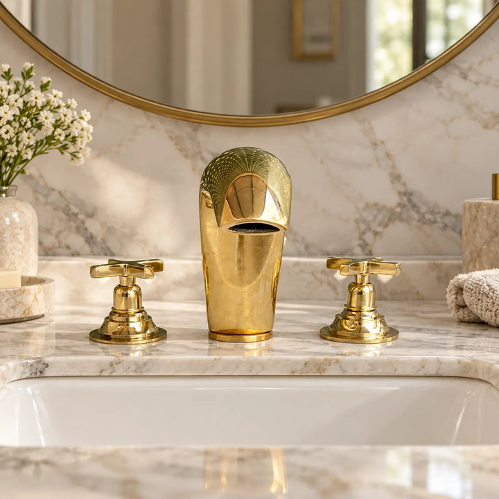 Unlacquered Brass Widespread Bathroom Faucet – 3-Hole Deck Mount