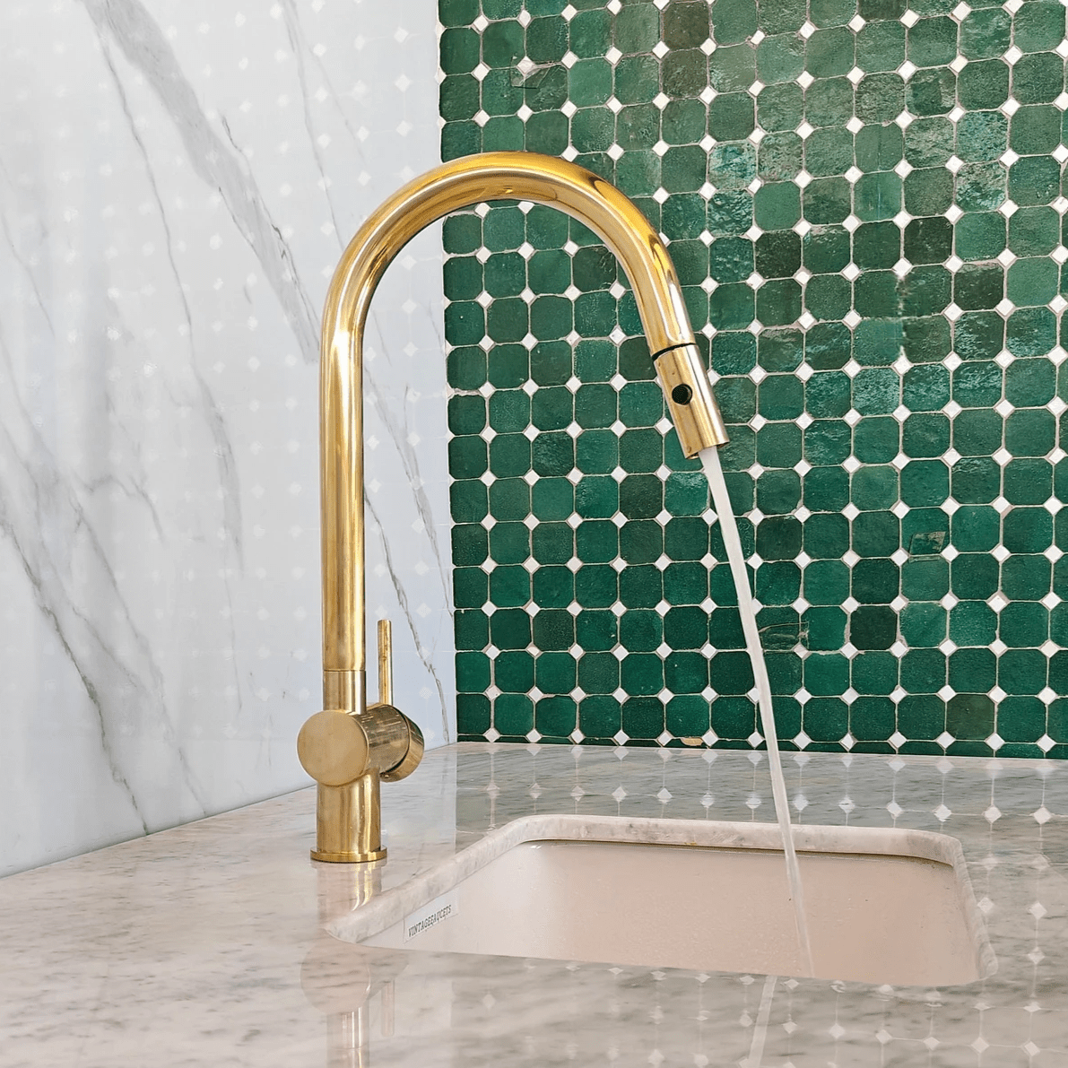 Unlacquered Solid Brass Pull-Down Kitchen Faucet – Gooseneck, 360° Swivel, Vintage Patina - The House Of Brass