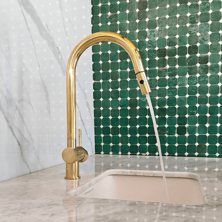 Unlacquered Solid Brass Pull-Down Kitchen Faucet – Gooseneck, 360° Swivel, Vintage Patina - The House Of Brass