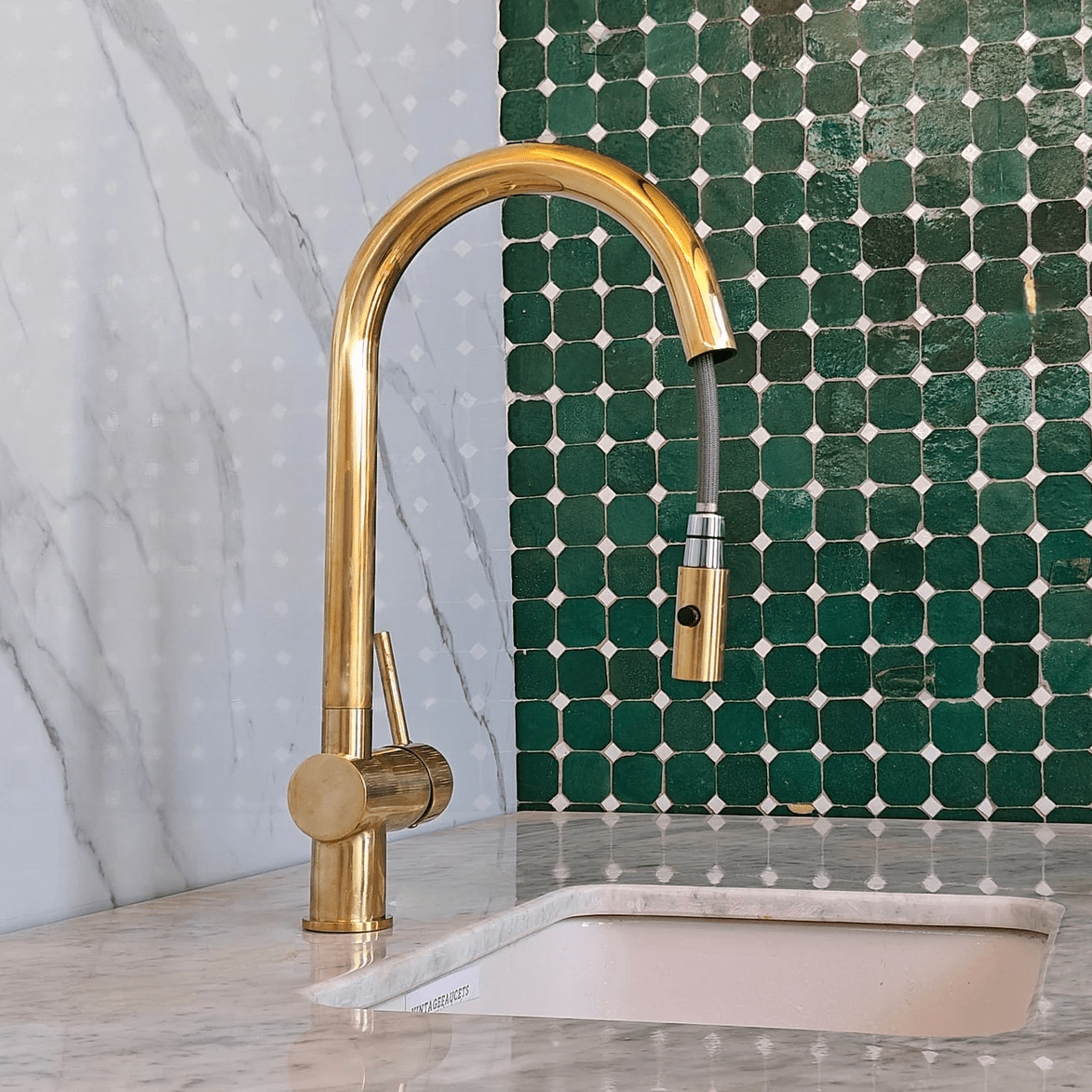 Unlacquered Solid Brass Pull-Down Kitchen Faucet – Gooseneck, 360° Swivel, Vintage Patina - The House Of Brass