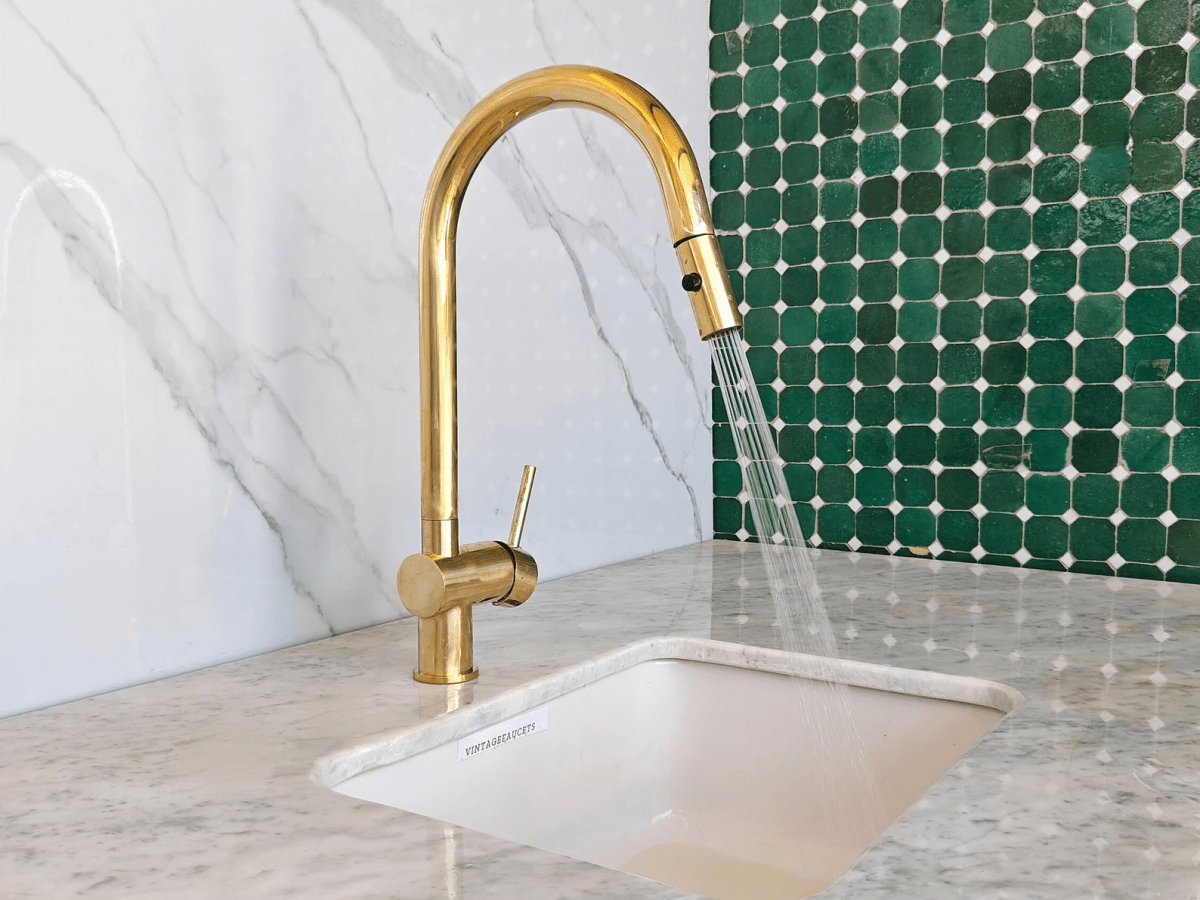 Unlacquered Solid Brass Pull-Down Kitchen Faucet – Gooseneck, 360° Swivel, Vintage Patina - The House Of Brass
