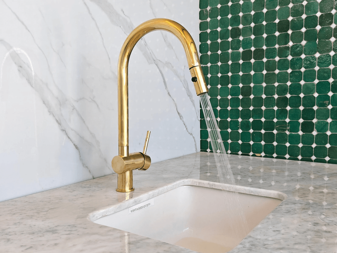 Unlacquered Solid Brass Pull-Down Kitchen Faucet – Gooseneck, 360° Swivel, Vintage Patina - The House Of Brass