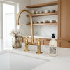 Unlacquered Brass Kitchen Faucet – Short Leg Bridge, 8" Spread, 14" Height
