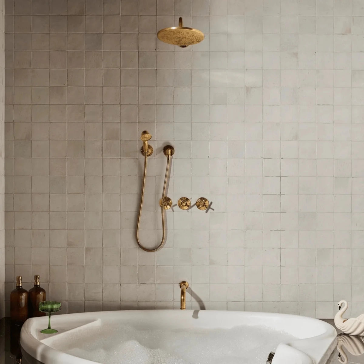 Unlaquered Brass Shower Set, Faucet and Handheld - The House Of Brass